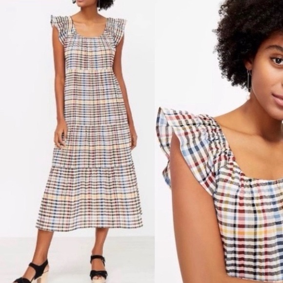 LOFT Flutter Sleeve Colorful Plaid Tiered Midi Dress size xl NWT - Picture 1 of 7